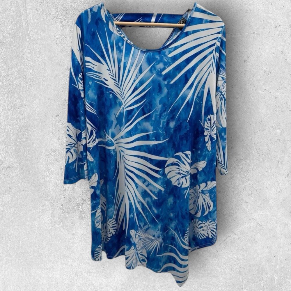Clara Sun Woo Womens Asymmetric Tunic Top XL Blue Slinky Coastal Tropical Resort